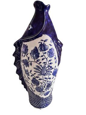 Chinoiserie Porcelain Fish Vase Blue White 17"H  x 8"W Nautical Beach Ocean Sea